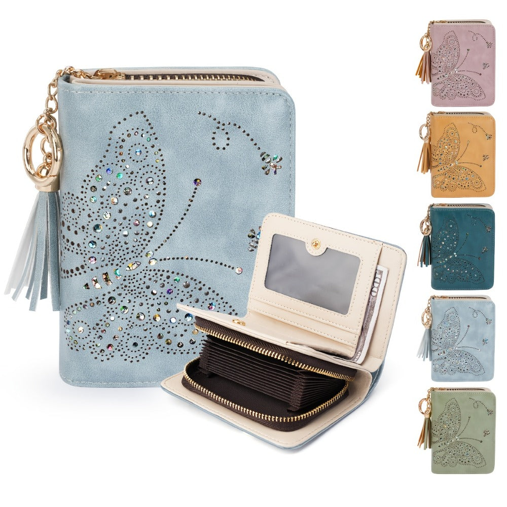 Women RFID Blocking Small Bifold Wallet, Compact Cash Clutch with Zipper Coin Pocket, Glittery Butterfly Design, Credit Card Holder, Travel Purse with Tassel Mom Gift Faux Leather Tote Zipper Daily