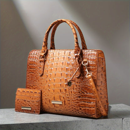 Set of 2pcs Featuring a Crocodile Pattern in Faux Leather, with a Roomy Interior, a Trendy Shoulder Strap, And a Fashionable Clutch Purse. This Stylish Accessory Is Perfect for Work, Everyday Use, And Special Events - Made with Premium Quality