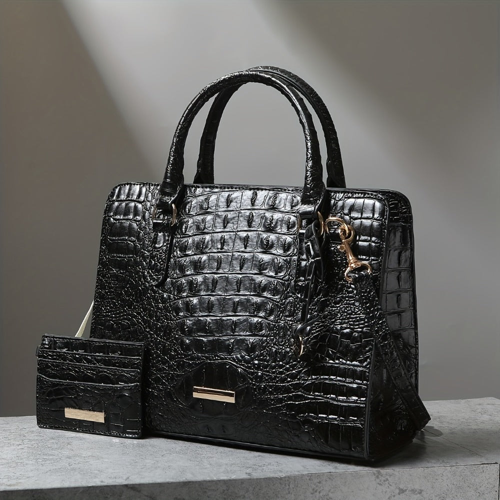 Set of 2pcs Featuring a Crocodile Pattern in Faux Leather, with a Roomy Interior, a Trendy Shoulder Strap, And a Fashionable Clutch Purse. This Stylish Accessory Is Perfect for Work, Everyday Use, And Special Events - Made with Premium Quality