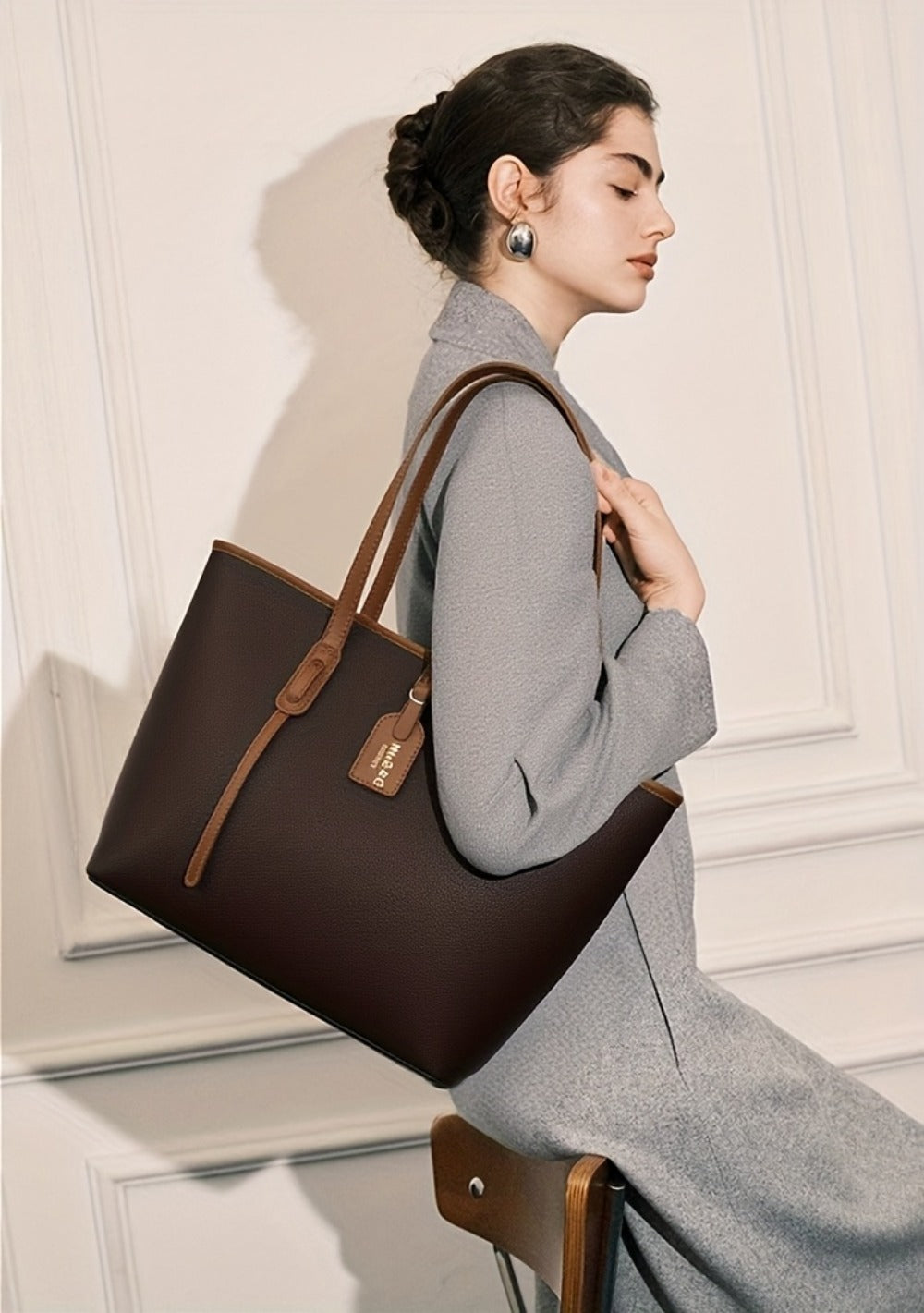 Women's Minimalist Large Capacity Tote Bag - Black with Brown Accents, Durable & Zipper Closure, Sturdy Fixed Shoulder Straps for Office, Commute, Work & Casual Use