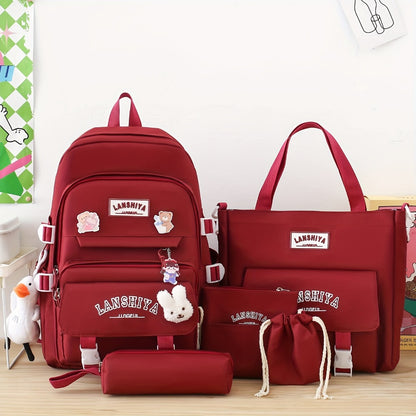 5pcs Solid Color Backpack Set in Material, Large Capacity Double-Shoulder Bag, Easy Tote, Pencil Bag, Casual Crossbody, Lightweight Student Backpack Set with Ducky Charm, 3 Badges, And Rabbit Charm, Position Print, Cute Style, for School Use