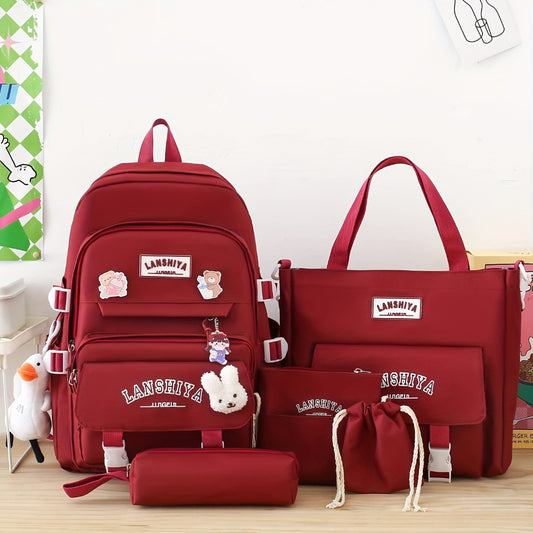 5pcs Solid Color Backpack Set in Material, Large Capacity Double-Shoulder Bag, Easy Tote, Pencil Bag, Casual Crossbody, Lightweight Student Backpack Set with Ducky Charm, 3 Badges, And Rabbit Charm, Position Print, Cute Style, for School Use