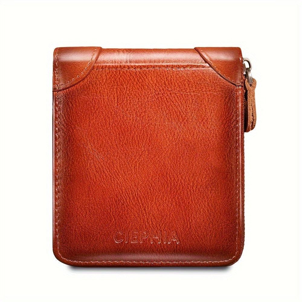 Men'S Genuine Leather Zipper Wallet RFID Secure Large Capacity Double Fold Multi-Card Top Layer Leather Wallets for Men And Coin Purse Christmas Father'S Day/Valentine'S Day/Anniversary Gift The Set Includes a Greeting Card