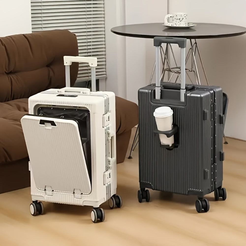 1pc Front Opening 20-Inch Spinner Luggage Suitcase with USB Port And Cup Holder And Phone Holder, Versatile Aluminum Framed Carry-On Luggage with Wheels And Laptop Compartment Pocket, High-Value Durable Hardside Luggage, Password Lock Trolley Case