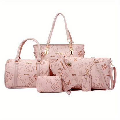 6pcs/Set Women'S Fashion Retro Letter Print Shoulder Bag, Handbag, Wallet, Key Bag, Six-Piece Set, Commuting, Casual, Shopping, Tote Bag, Women'S Bag Set
