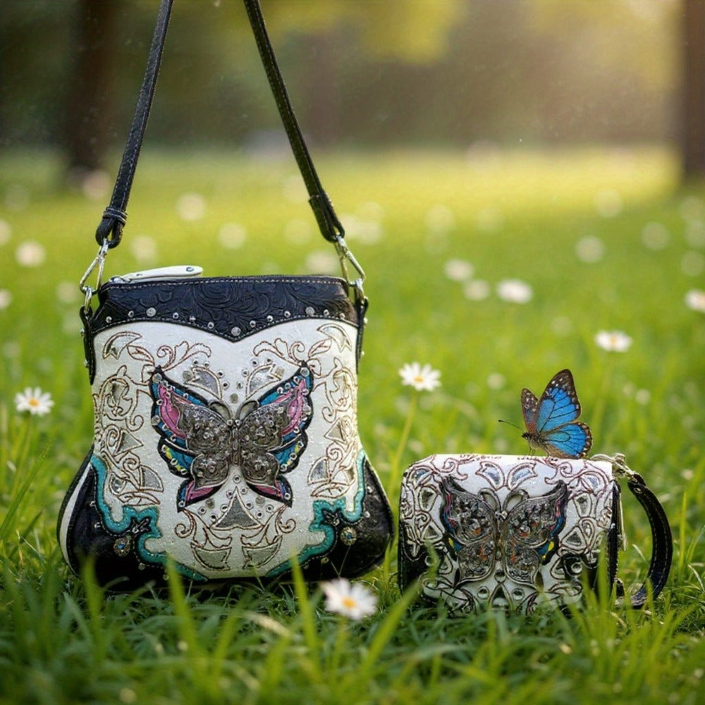 Modern Ladies' Butterfly Flower Women's Crossbody Bag, Equipped with Adjustable Shoulder Straps and Mini Wallet Set, Suitable for Daily Commuting