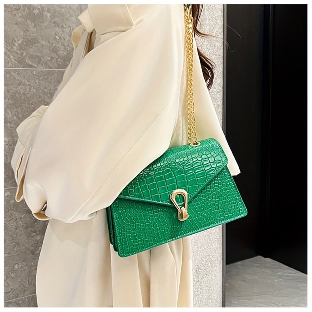 Pink Snake Print Crossbody BagFor Women, Stylish Women's Crocodile Pattern Handbag - Black Shoulder Bag With Detachable Strap Golden-Tone Hardware & Chain Strap, Crossbody Bag Purse Christmas Bags For Gifts Christmas Gift Bags