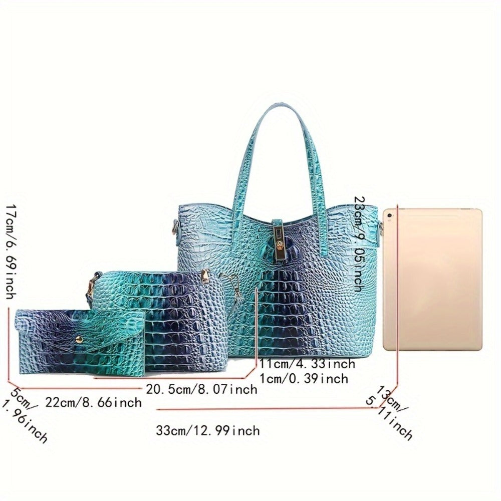 Set of 3: Vibrant Crocodile Design Spacious Faux Leather Tote And Crossbody Bags Along with a Coordinating Wallet, Perfect for Christmas, Mother'S Day, And Halloween Presents