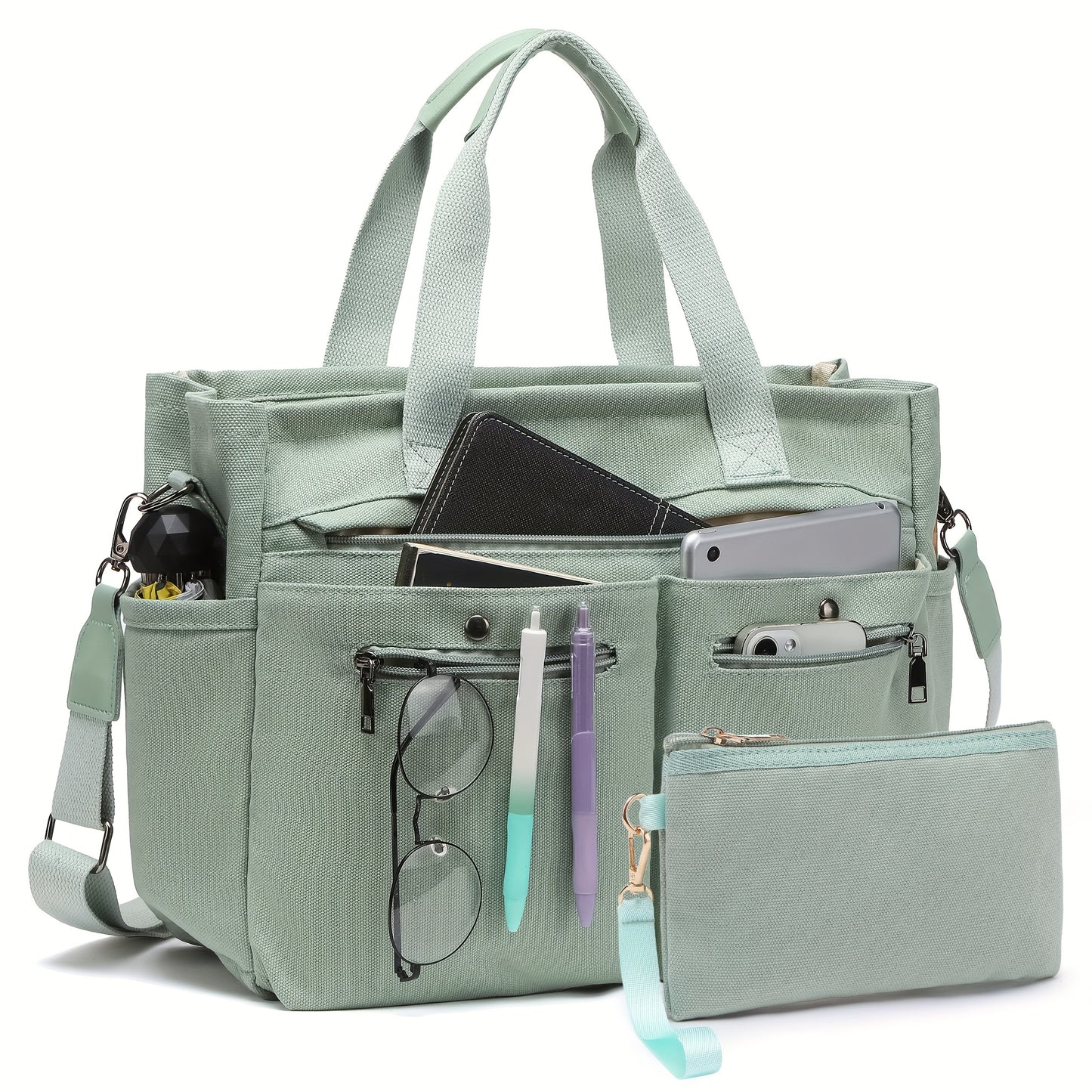 2pcs set of Women's canvas handbags - multi-functional laptop work bag, crossbody shoulder bag, casual and fashionable hobo bag, suitable for travel, fitness and daily use
