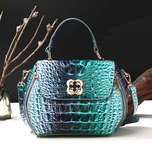 Classic Solid Color Mini Square Handbag, Crocodile Pattern Top Handle Bag for Women