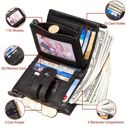 Men's Wallet with Chain, Leather Short Wallet, RFID Shielding Card Clip, Double Zipper Change Bag, Anti-theft Wallet, Ideal Gift for Men