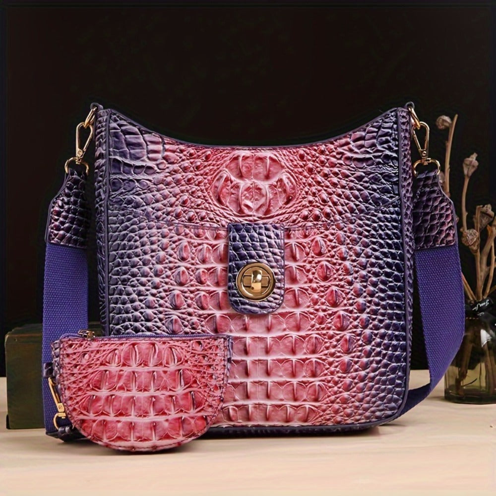 Trendy Crossbody Bag with Crocodile Pattern - Premium Bucket And Coin Purse Style - Multi-Purpose Shoulder Bag Suitable for Any Event