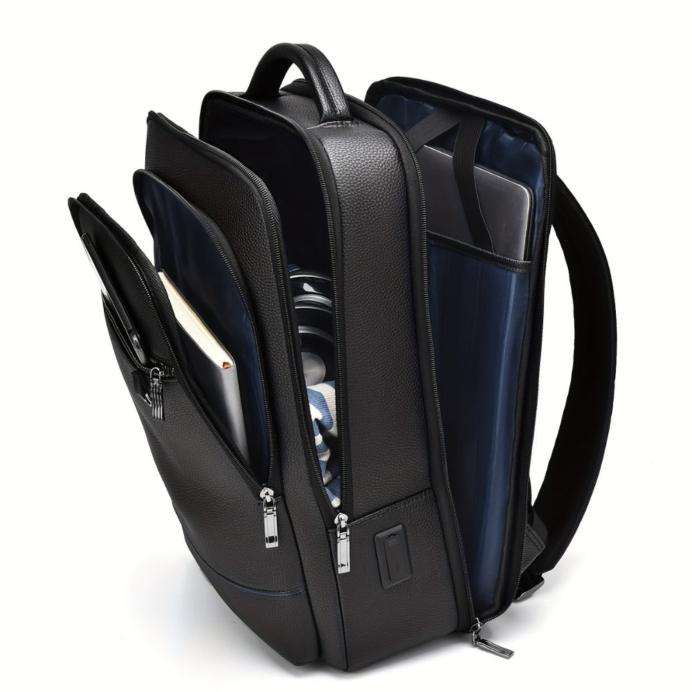 Genuine Leather Laptop Backpack for Men Fit 15.6 Inch Laptop, Business Work Office College Medium Backpack with USB Charging Port, High Quality Black Travel School Bag