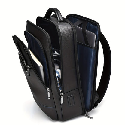 Genuine Leather Laptop Backpack for Men Fit 15.6 Inch Laptop, Business Work Office College Medium Backpack with USB Charging Port, High Quality Black Travel School Bag