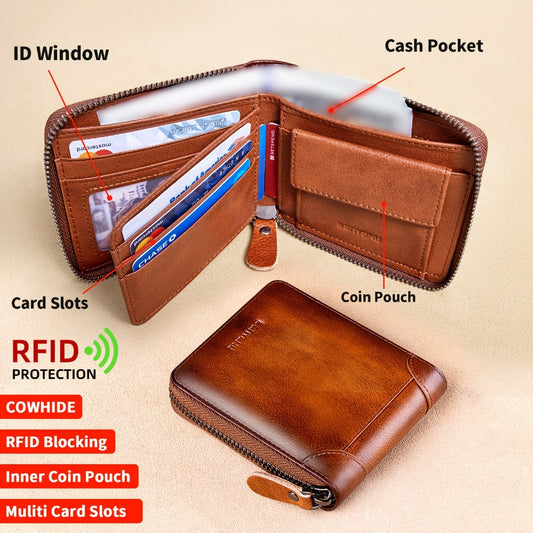 BANYANU Retro Men's Leather Zipper Wallet RFID Large Capacity Folding Multi Card Head Layer Leather Wallet Can Put Coins Wallet Father's Day Valentine's Day Gift 8 Card Slots