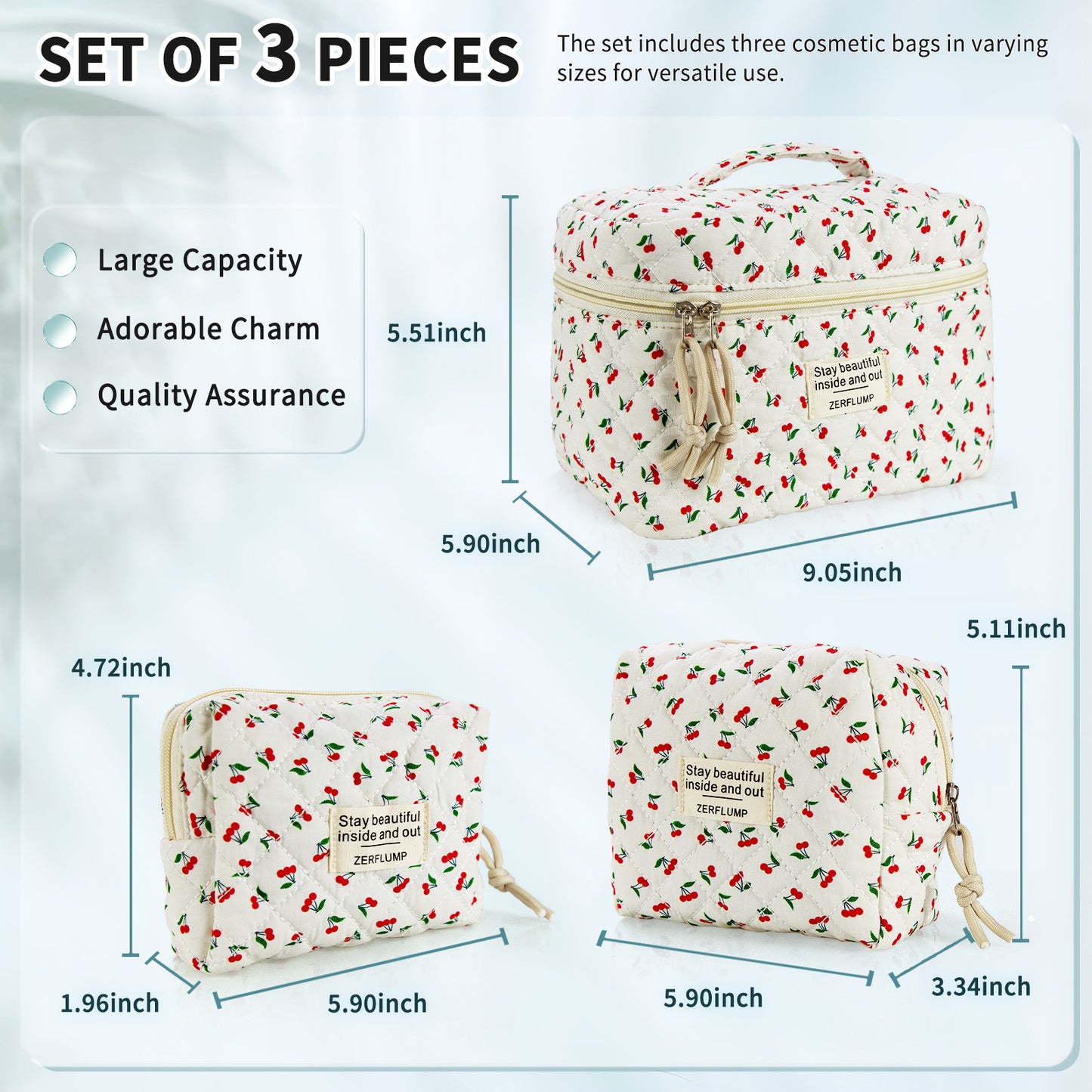 Cute Quilted Floral Makeup Bag (3Pcs)Coquette Aesthetic Cosmetic BagTravel Toiletry Bags Kawaii Aesthetic pouch for Women