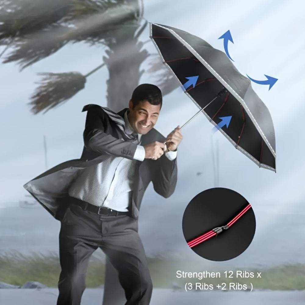 1pc Fully Automatic Reverse Folding Umbrella with 20 Ribs, Windproof, Design, Double Bone Structure, Equipped with Night Reflective Strips - Made Of High-Density Material, Uitable for Daily Use By Both Men And Women.