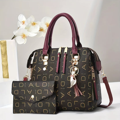 Fashion Alphabet Printed Handbag 2pcs Clash Color Crossbody Casual Work Ladies Bag Tassel Charm Gift Women's Bag Set