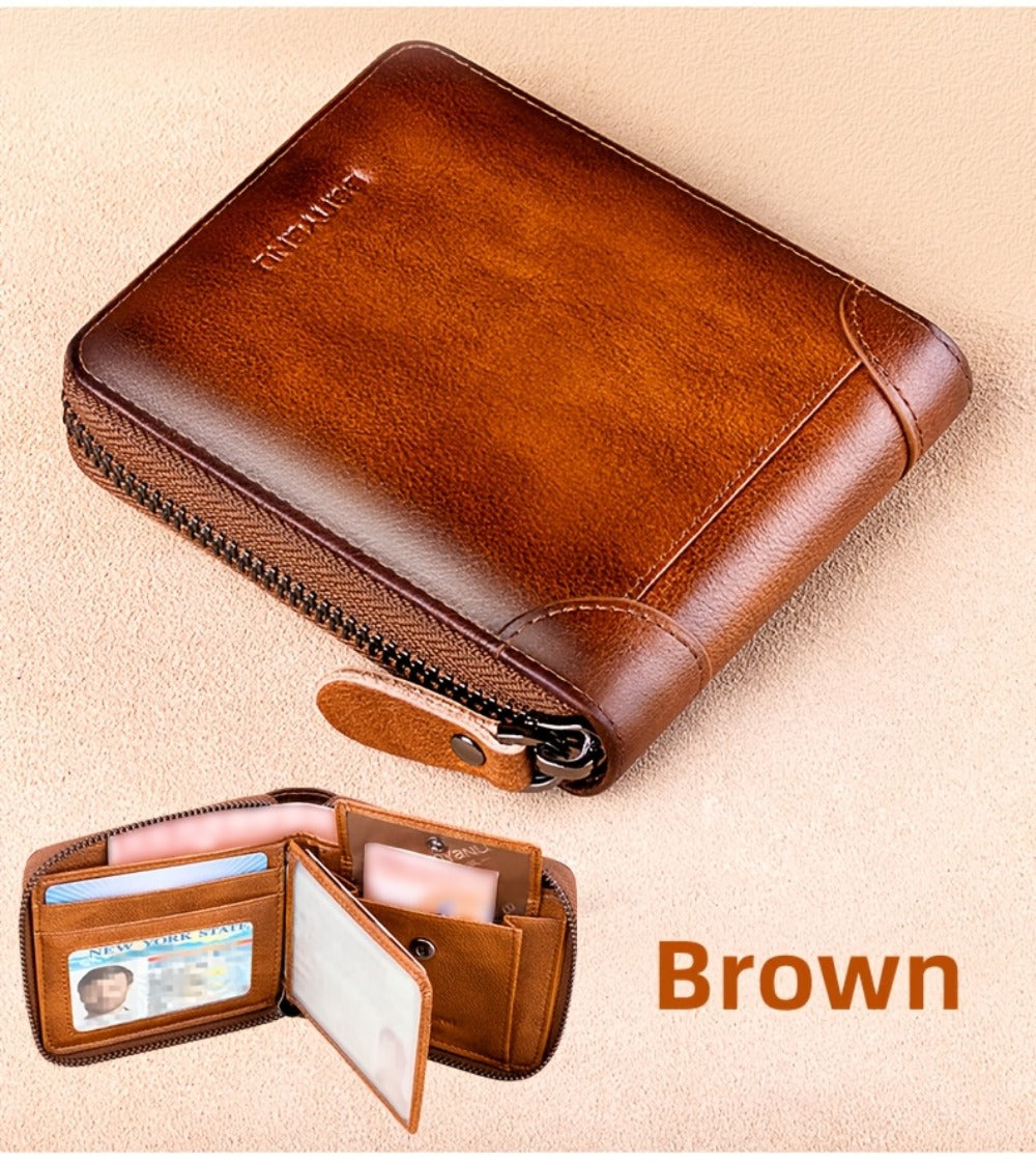 BANYANU Retro Men's Leather Zipper Wallet RFID Large Capacity Folding Multi Card Head Layer Leather Wallet Can Put Coins Wallet Father's Day Valentine's Day Gift 8 Card Slots