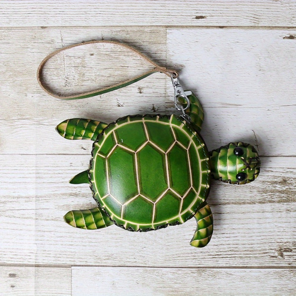 Handcrafted Retro Turtle Coin Purse - Full-Grain Cowhide Genuine Leather, Removable Genuine Leather Wristlet, Zipper Closure, Multi-Compartment for Coins/Cards/Keys, Thoughtful Gift for Women Students Friends Family