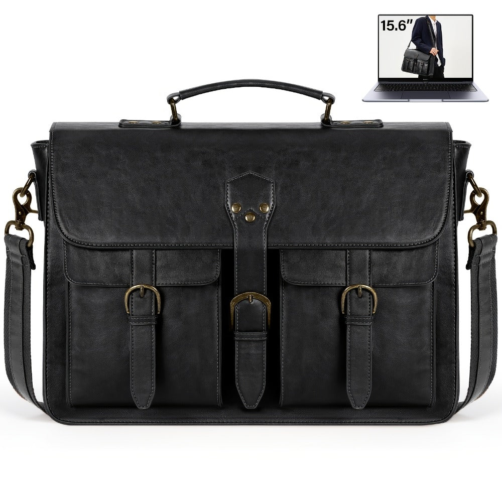 RAINSMORE Men' High Quality Synthetic Leather Laptop Messenger Bag with Tablet/Laptop Compartment & -Theft Suitable for Office, Travel, College, Large Capacity Briefcase Computer Satchel, Adjustable Strap, Zipper Closure, Black
