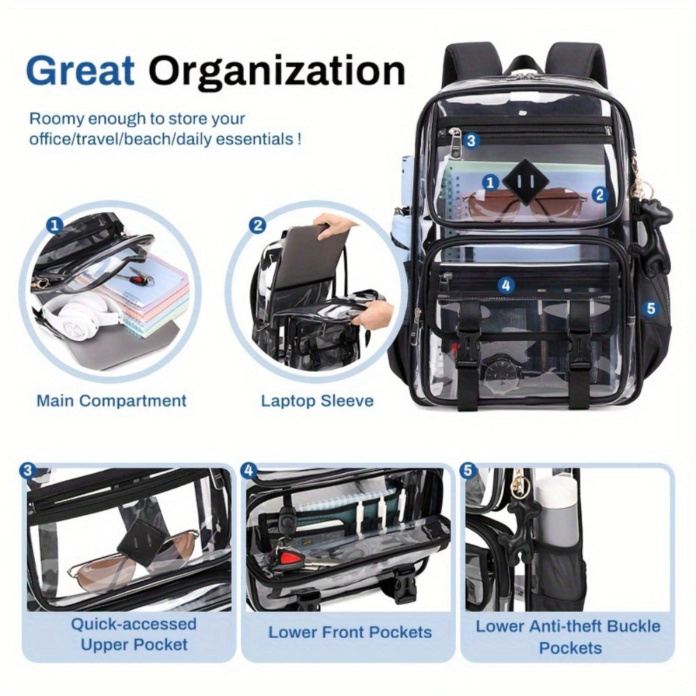 Transparent Backpack Casual Large Capacity Multi-Pocket Clear Bag Women's Shoulder Bag PVC Transparent Student Office Laptop Bag