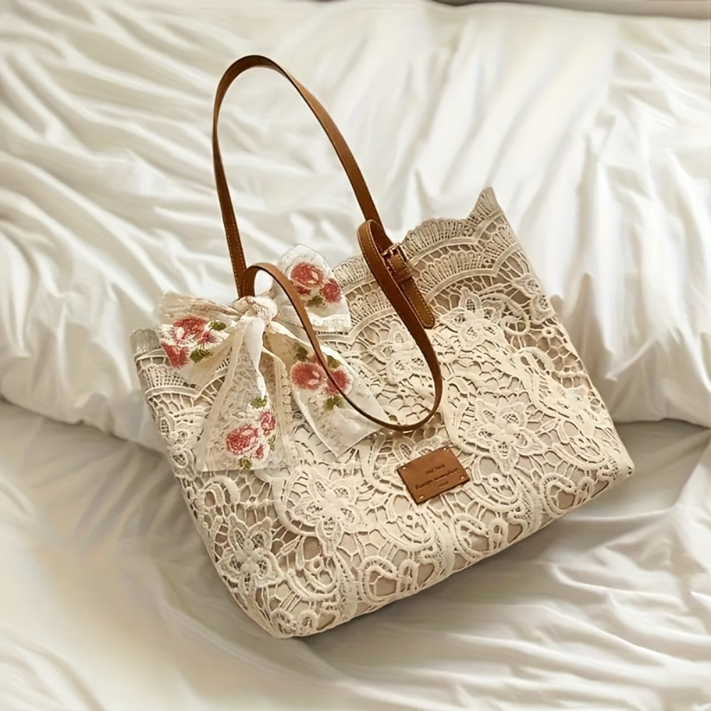 2025 New Style Lace Tote Bag/ Shoulder Bag: Elegant And Premium with Floral Decorations, Perfect for Daily Commuting Or Photo Shooting, Ideal Holiday Gift (Halloween/Thanksgiving/Christmas)