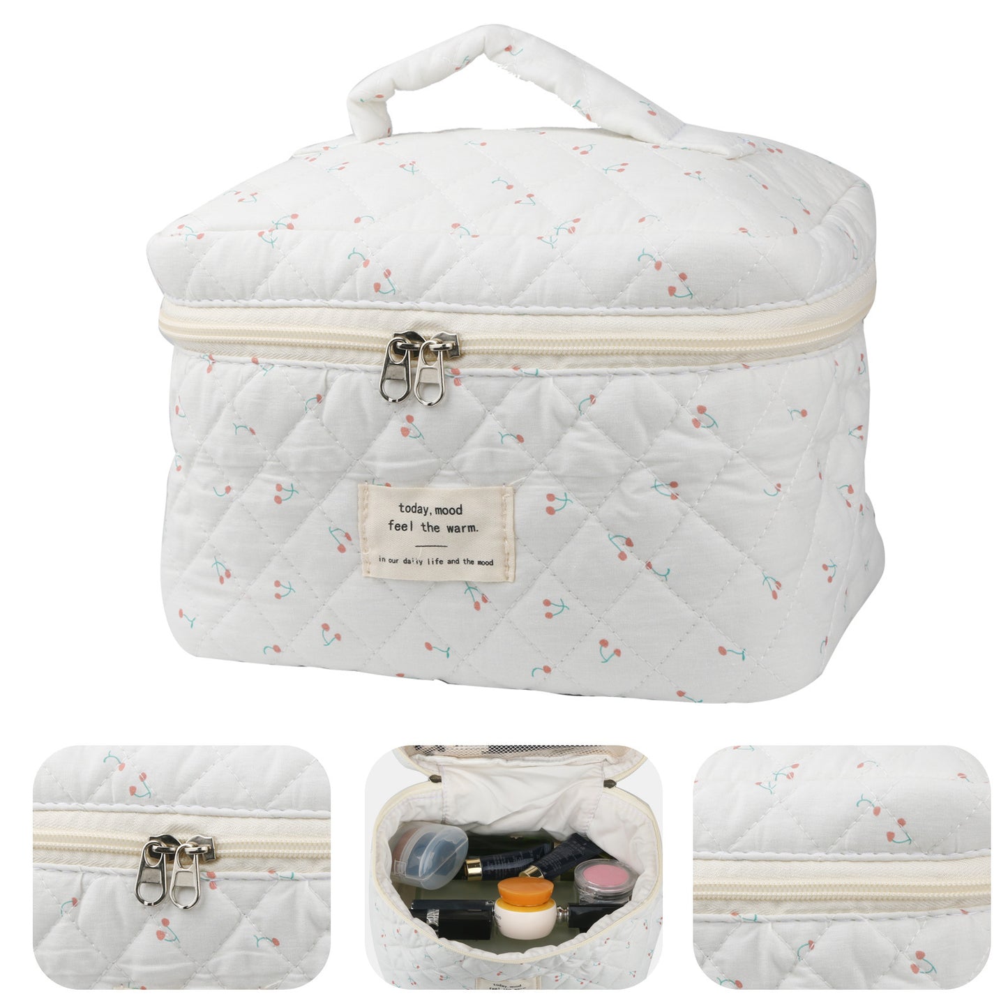 2 Pcs Cute Makeup Bag for Women, Travel Cosmetic Bags, Quilted Coquette Aesthetic Floral Toiletry Organizer Bag
