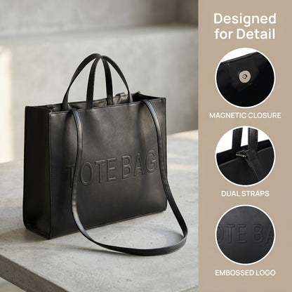 RAGSTO Women's Fashion Large Black Tote Bag, Embossed with "TOTE BAG" Lettering, High-Capacity Women's Shoulder/Underarm Bag, Work Bag, Lightweight and Durable Crossbody Handbag, Fixed Shoulder Strap, Ideal for Travel, Shopping, and Work