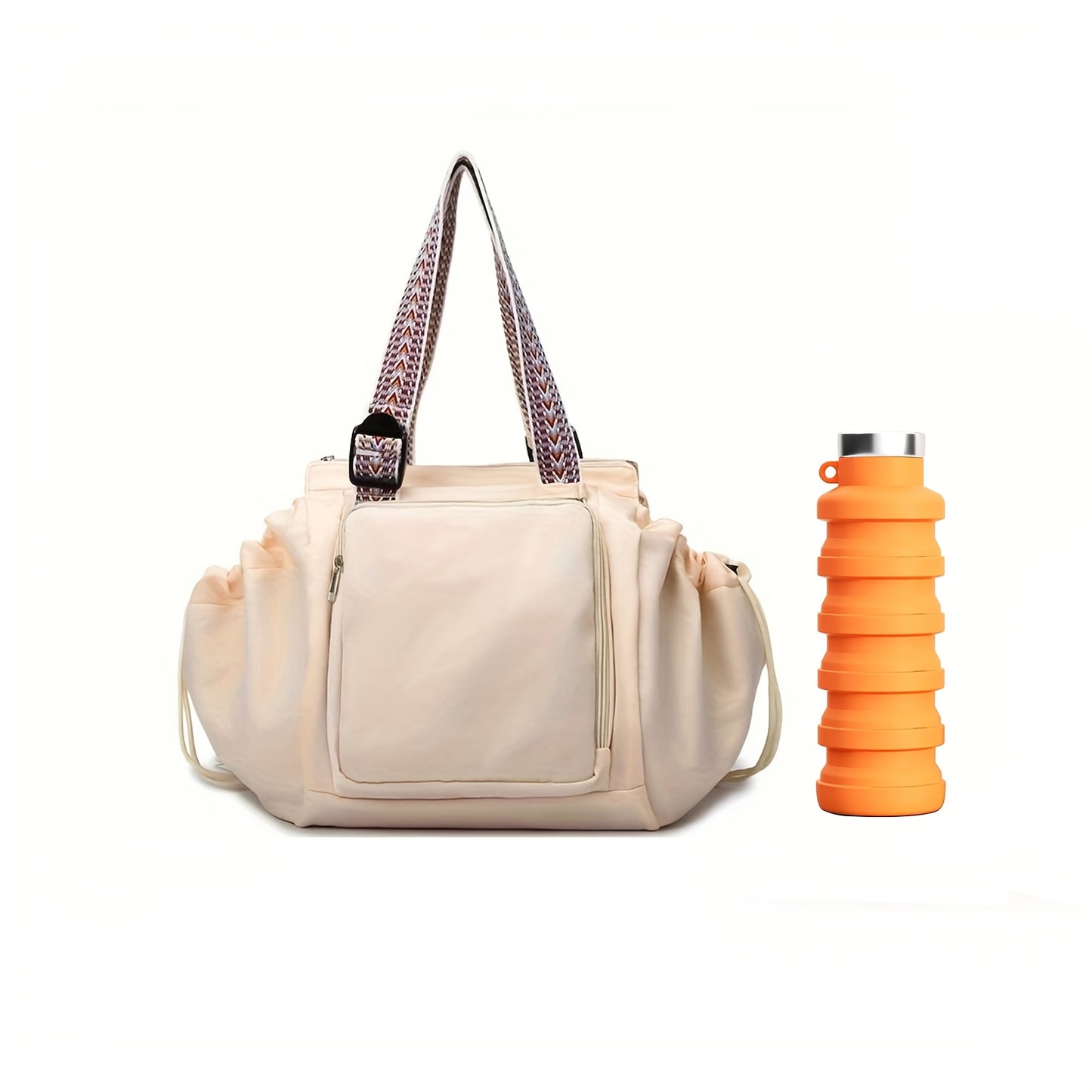 1pc Spacious Nylon Shopping Bag | Lightweight Foldable Travel Handbag with Multiple Pockets, Adjustable Shoulder Strap, Zipper Closure, and Folding Water Cup - Perfect for Camping and Travel