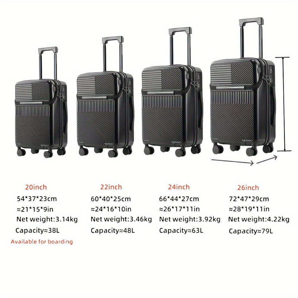 1pc 20/22/24/26 Inch Carry on Front Open Luggage, ABS+PC Suitcase, Travel Functional Boarding Case with Double Spinner Wheels, Lightweight Rolling Luggage with TSA Lock, Easy Maneuverability for Stress-Free Travel Experience