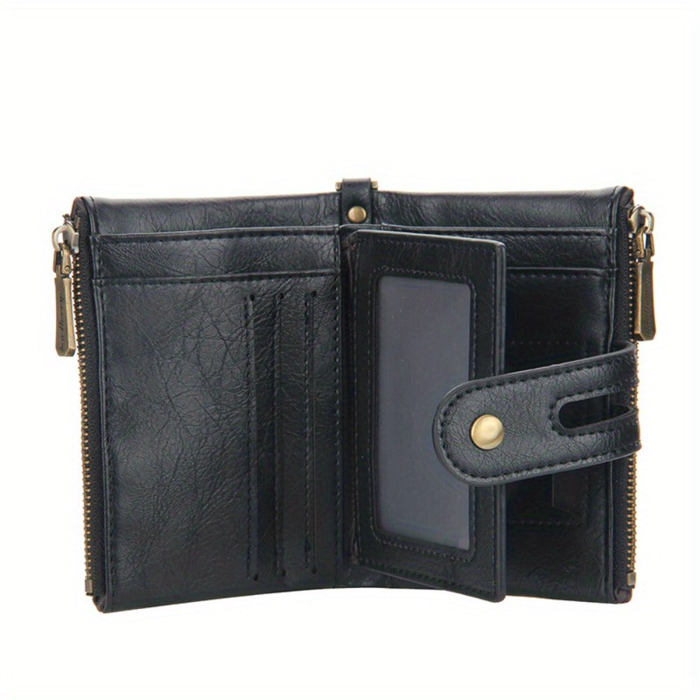Vintage Men With Chain PU Leather Bifold Wallet For Double Zipper Anti-Theft Coin Pocket Card Holder Cash Billfold Front Pocket