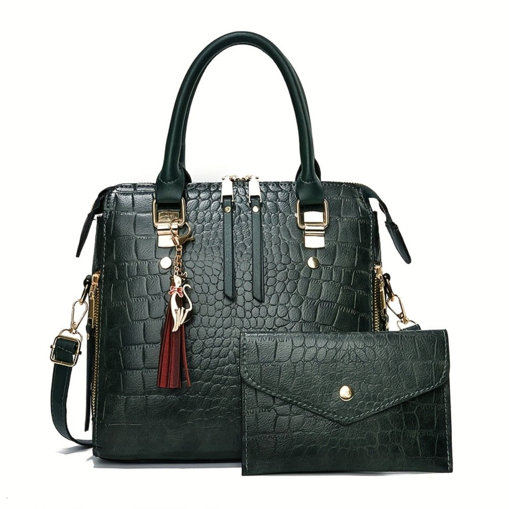 Fashion Crocodile Pattern Women's Handbag 2pcs Set, Women's Shoulder Bag with Tassel Decoration, Metal Cat Pendant Crossbody Bag