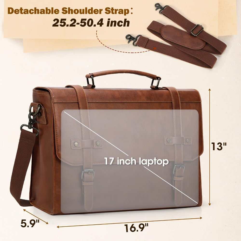 RAINSMORE Men's Crossbody Bag 17 Inch Retro Laptop Briefcase Large Laptop Bag Handbag Computer Shoulder Bag Office Business Travel College, Brown