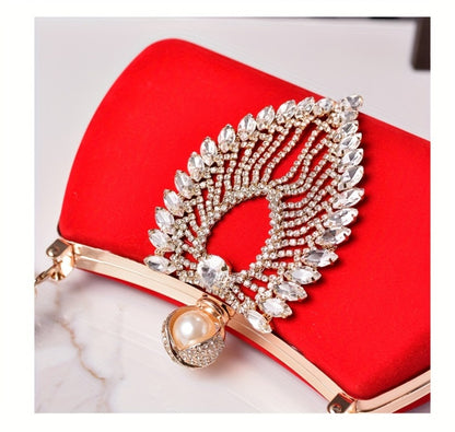 Sophisticated Evening Clutch Made of Velvet, Adorned with Rhinestones And Featuring a Pearl Handle, Perfect for Weddings, Parties, And Formal Dinners
