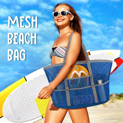 One Extra-Large Mesh Beach Tote Bag That Is Foldable And Easy to Carry, Perfect for Pool Outings, Boat Trips,, And Vacation Necessities. This Lightweight Swim Bag Features a Zipper And Additional Pockets for Organizing Your Essentials