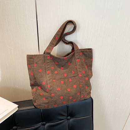 Women' Large Capacity Corduroy Tote Bag with Strawberry Pattern - /// Casual Handbag, Zipper Closure & - Corduroy Shoulder Bag for, Travel, Shopping