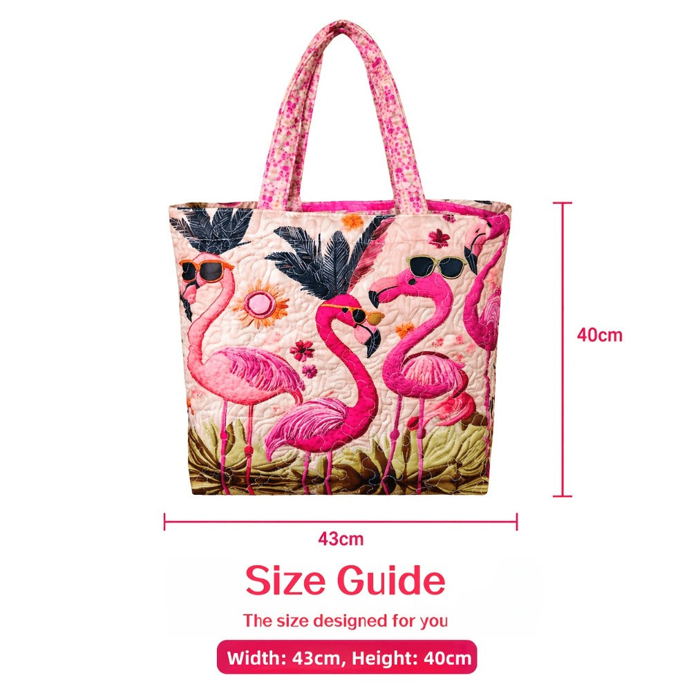 Flamingo with Sunglasses Quilted Applique Tote Bag, Tropical Summer Shoulder Purse for Women