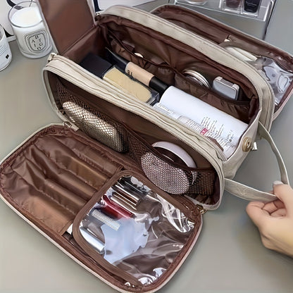 [Large Cosmetic Bag] Card Holder + Makeup Bag Women's Large Capacity High Quality Cosmetic Bag - Tri-Fold Travel Makeup Multiple Zippered Pockets & Wrist Strap for Brushes, Toiletries, Storage, Toiletry Bag | Large Cosmetic Bag