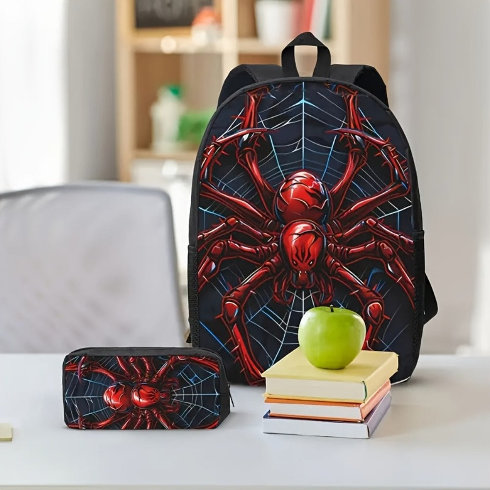 3pcs Spider Print Three-piece Backpack Combination, Unisexes Polyester Large Capacity Backpack with Square Pen Bag, Adjustable Shoulder Strap Double Zipper Animal Style, Suitable for Commuter Travel Outdoors, for Teenager