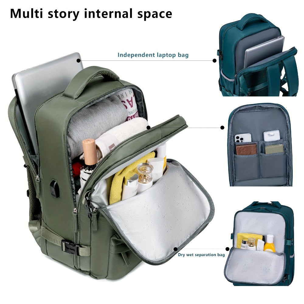 Airline-Approved Large Capacity Travel Backpack with 16" Laptop Compartment, Shoe Pocket & Multi-Pocket Organizer - Durable 180° Open Top, USB Charging, 360° Spinner Wheels for Business, Gym, School, Travel Backpack