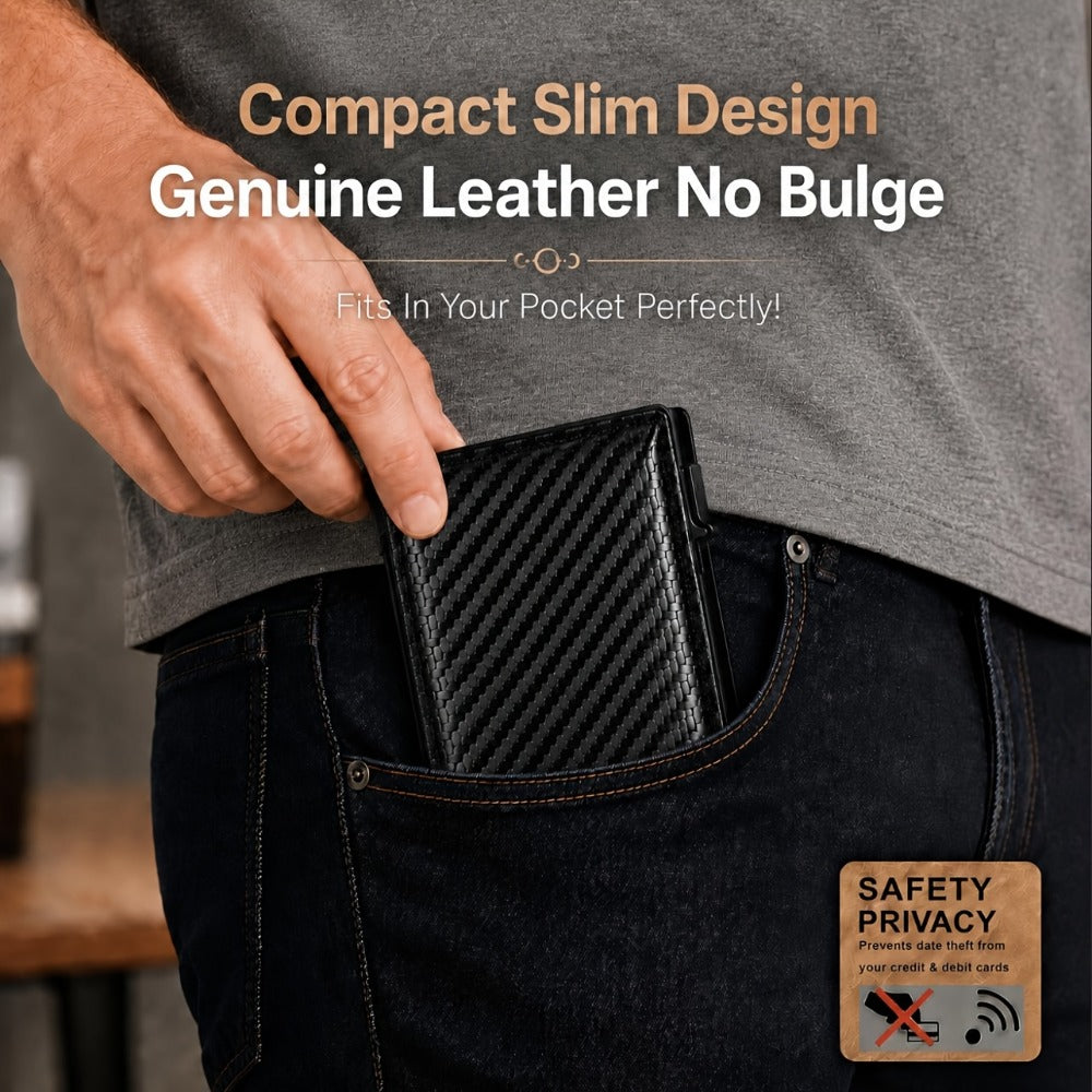 [CARBON FIBER Wallet] Men'S Wallet With Automatic Pop-up Metal Credit Card Holder, RFID Blocking Business Card Wallet, Microfiber Genuine Leather, 10 Card Slots, Smart Airtag, Lightweight Multi-functional Money Clip, Suitable For Travel/ Daily USE.