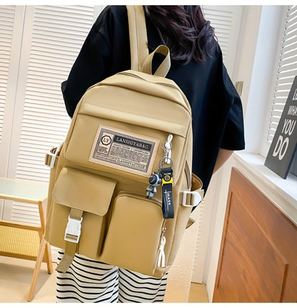 5pcs Solid Color Backpack, Women's Travel Bag, Large Capacity Backpack, Simple Tote Bag, Pencil Case, Casual Crossbody Bag, Lightweight Student Shoulder Bag