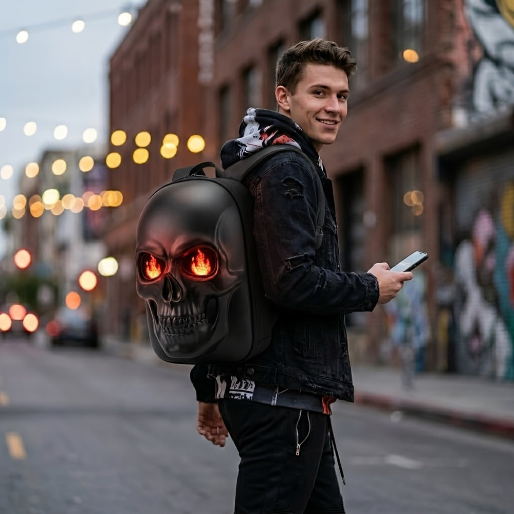 Cool 3D Skull LED Backpack with Programmable Animated Eyes, Smart App Control Hard Shell Motorcycle Bag for Cycling And Riding, Large Capacity Storage Casual Daypack, Fun Travel Backpack, Interactive Laptop Bag