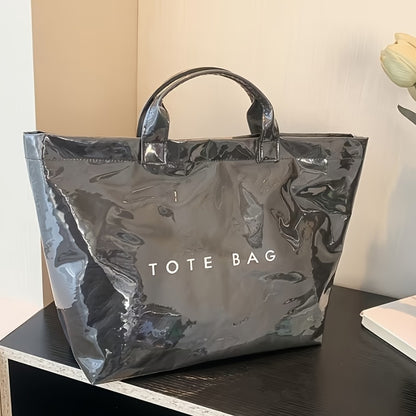 Women'S High Quality PVC And Wrinkle Paper Transparent Handbag - Large 13.2-Inch Transparent Shoulder Bag with 2 Compartments, White Letter Printed Design, Suitable for Work, Travel, Beach, And Daily Use, High Quality Bag