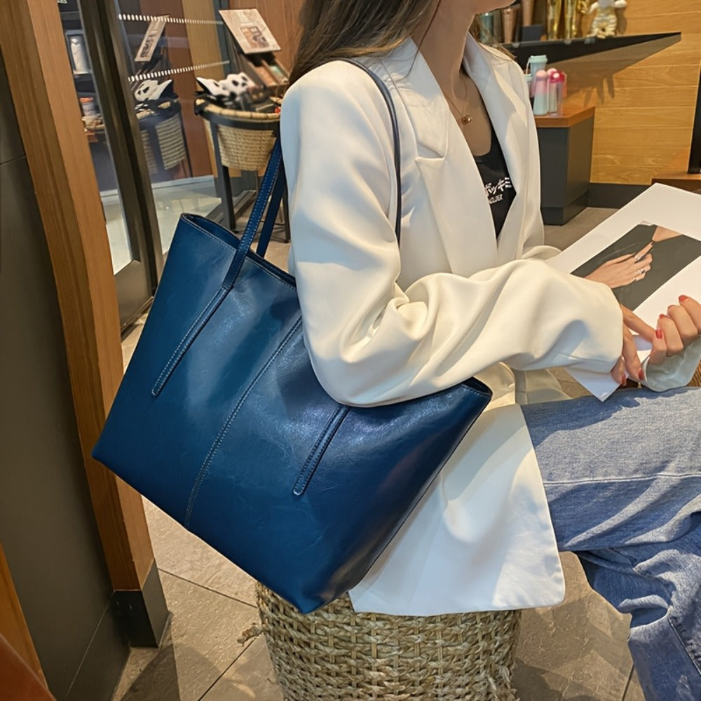 High-quality Oil and Wax Genuine Leather Tote Bag, Double-compartment Zipper Inner Pocket Design, Large-capacity Portable Crossbody Bag, Elegant Shoulder Bag