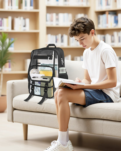 Heavy Duty Clear Backpack, Fabric And PVC Transparent Bookbag for School, See-Through Design with Reinforced Straps - Unisex Large Capacity Clear Bag for College, Travel And Security Checks