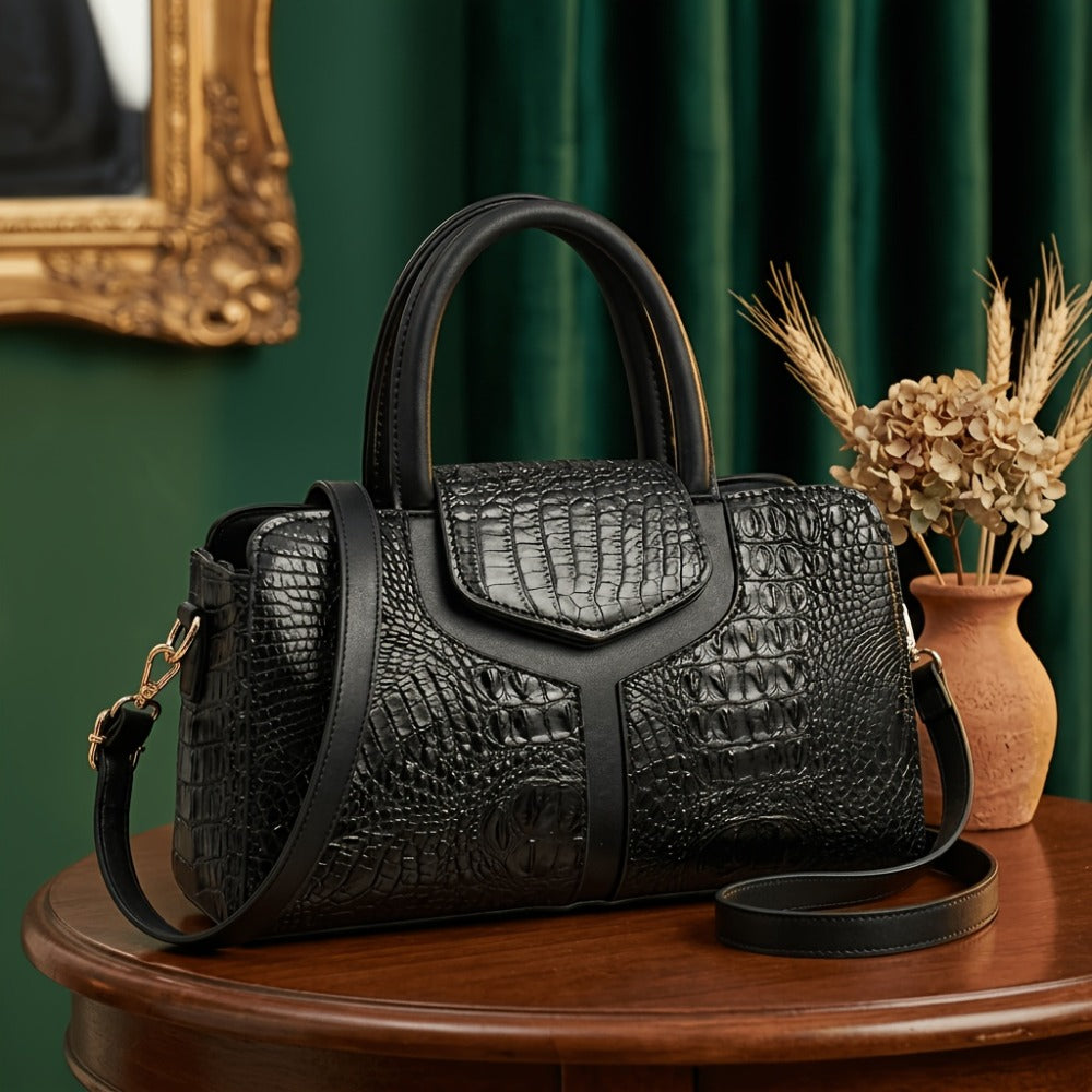 [Crocodile Embossed Satchel] Women's Crocodile Embossed Satchel Handbag Beige Top Handle Purse with Detachable Shoulder Strap Structured Tote Bag