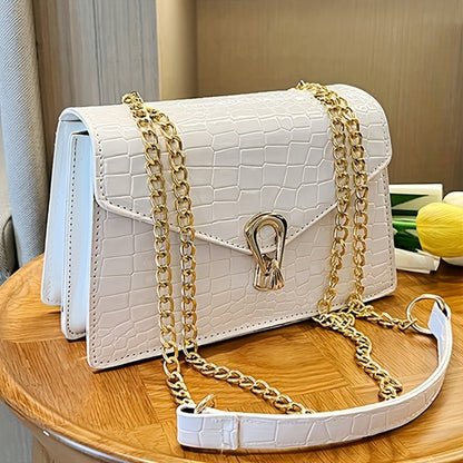 Pink Snake Print Crossbody BagFor Women, Stylish Women's Crocodile Pattern Handbag - Black Shoulder Bag With Detachable Strap Golden-Tone Hardware & Chain Strap, Crossbody Bag Purse Christmas Bags For Gifts Christmas Gift Bags