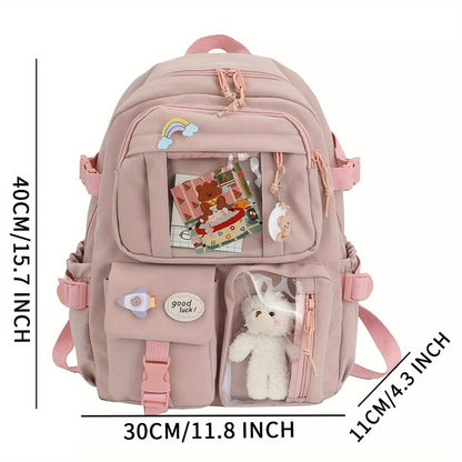 Kawaii Backpack - Cute Aesthetic Plush Pendant Pin Accessories, Large Capacity Laptop Backpack for Women - For School & Everyday Use - Perfect Gift for Teens & Students